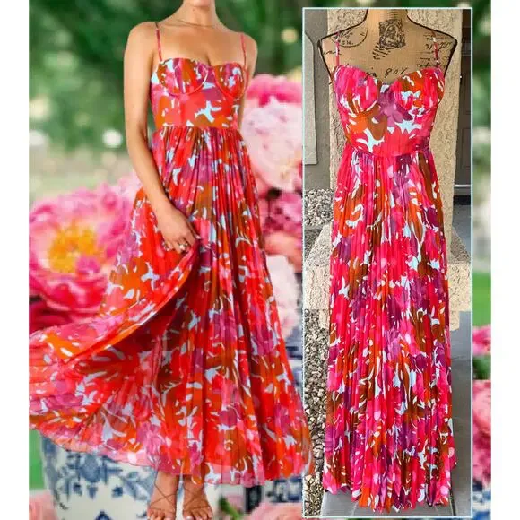 Petal & Pup Red Pink Orange Floral Pleated Maxi Dress - Picture 2 of 14